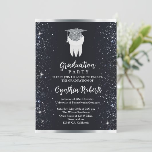 Elegant Zwart Zilver Sparkle Tandheelkundig Afstud Kaart (Staand voorkant)