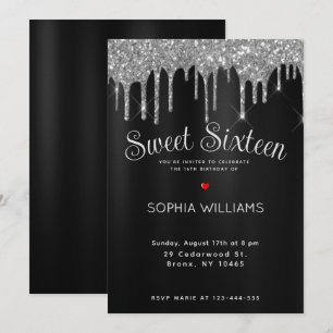 Elegant Zwart & Zilver Sweet Sixteen Custom Kaart
