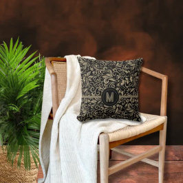 Elegant Zwart Zilveren Bloemmotief Monogram Kussen