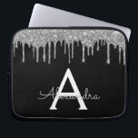 Elegant zwart zilveren glitter Sparkle Monogram Laptop Sleeve<br><div class="desc">Zwart en Zilver Faux Dripping Modern en Elegant Girly Glitter en Sparkle Elegant Monogram Hoesje. Dit hoesje kan worden aangepast om uw initiaal en voornaam op te nemen.</div>