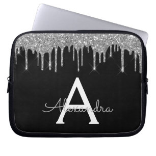 Elegant zwart zilveren glitter Sparkle Monogram Laptop Sleeve