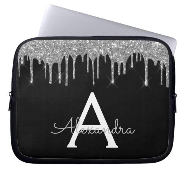 Elegant zwart zilveren glitter Sparkle Monogram Laptop Sleeve (Voorkant)