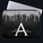 Elegant zwart zilveren glitter Sparkle Monogram Laptop Sleeve<br><div class="desc">Zwart en Zilver Faux Dripping Modern en Elegant Girly Glitter en Sparkle Elegant Monogram Hoesje. Dit hoesje kan worden aangepast om uw initiaal en voornaam op te nemen.</div>