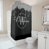 Elegant zwart zilveren glittersliertjes monogram s douchegordijn (In situ)