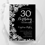 Elegant Zwart Zilveren Rozen 30ste Verjaardagsfees Kaart<br><div class="desc">Zwarte zilveren bloemen 30e verjaardag uitnodiging. Elegant ontwerp met rozen,  faux silver-folie en lettertype voor typografie. Trendy uitnodigingskaart ideaal voor een stijlvol vrouw bday-feest. Kan worden aangepast aan elke leeftijd. Gedrukte Zazzle-uitnodigingen of direct downloadbare digitale afdrukbare sjabloon.</div>