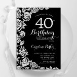 Elegant Zwart Zilveren Rozen 40ste Verjaardagsfees Kaart<br><div class="desc">Zwarte zilveren bloemen 40e verjaardag uitnodiging. Elegant ontwerp met rozen,  faux silver-folie en lettertype voor typografie. Trendy uitnodigingskaart ideaal voor een stijlvol vrouw bday-feest. Kan worden aangepast aan elke leeftijd. Gedrukte Zazzle-uitnodigingen of direct downloadbare digitale afdrukbare sjabloon.</div>