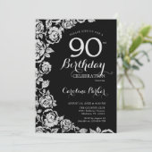 Elegant Zwart Zilveren Rozen 90ste Verjaardagsfees Kaart (Staand voorkant)