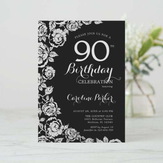 Elegant Zwart Zilveren Rozen 90ste Verjaardagsfees Kaart (Staand voorkant)