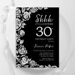 Elegant Zwart Zilveren Rozen Verrassing 30e Verjaa Kaart<br><div class="desc">Zwarte zilveren bloemenverrassing 30e verjaardagsfeest uitnodiging. Elegant ontwerp met rozen,  faux silver-folie en lettertype voor typografie. Trendy uitnodigingskaart ideaal voor een stijlvol vrouw bday-feest. Kan worden aangepast aan elke leeftijd. Gedrukte Zazzle-uitnodigingen of direct downloadbare digitale afdrukbare sjabloon.</div>