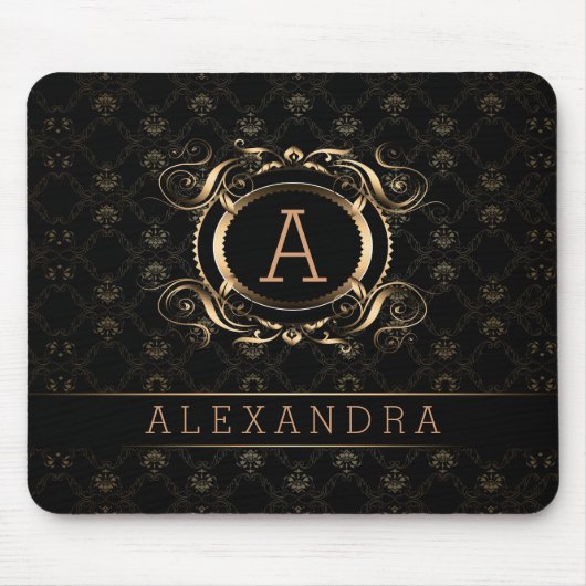 Elegant Zwart & Zilvergrijs Barok Bloemen Lijst Muismat (Voorkant)