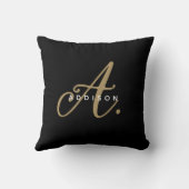 Elegant Zwart Zwart Goud Schrift Monogram Kussen (Achterkant)