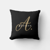 Elegant Zwart Zwart Goud Schrift Monogram Kussen (Voorkant)