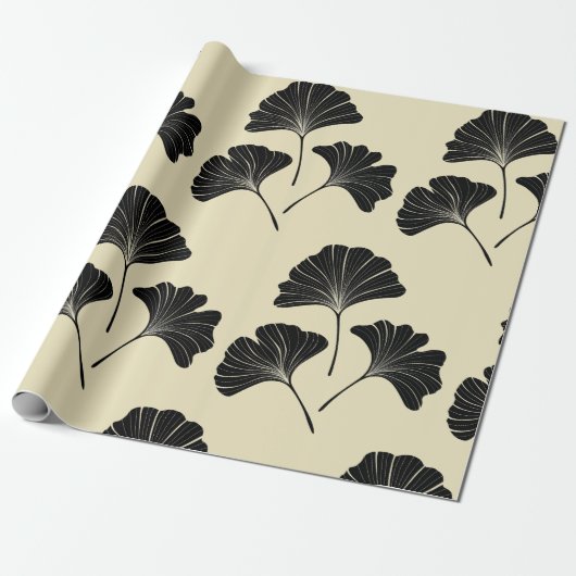 Elegant zwarte beige ginkgo bladeren cadeaupapier (Uitgerold)