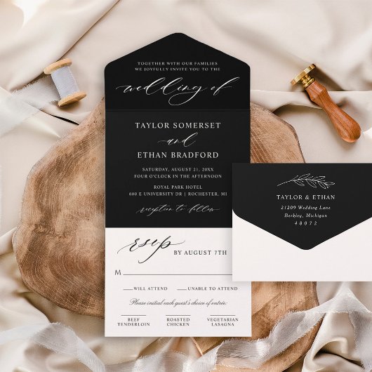Elegant Zwarte Calligrafie Script Bruiloft All In One Uitnodiging