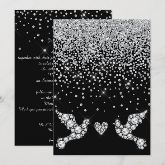 ELEGANT ZWARTE DIAMOND CRYSTAL DOVE WEDING KAART (Voorkant / Achterkant)