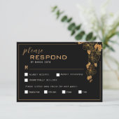 Elegant Zwarte en Gouden Bladeren RSVP Kaartje (Staand voorkant)