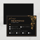 Elegant Zwarte en Gouden Bladeren RSVP Kaartje (Voorkant / Achterkant)