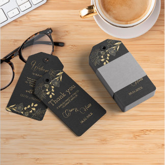 Elegant Zwarte en Gouden Bloemige Bruiloft  Cadeaulabel
