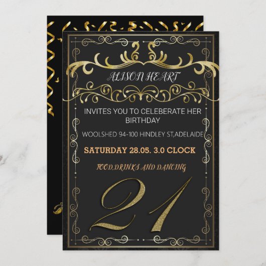 Elegant zwarte en gouden uitnodiging om te vieren (Voorkant / Achterkant)