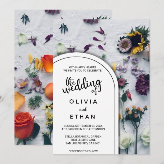 Elegant zwarte en witte floral Wedding Invitation Kaart (Voorkant / Achterkant)