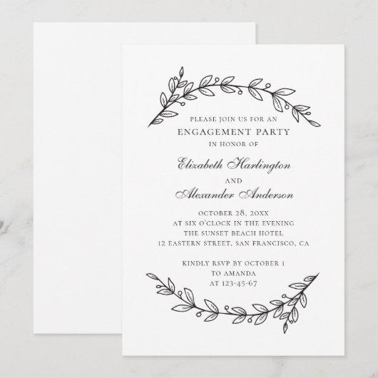 Elegant zwarte en witte florale verlofpartij kaart (Voorkant / Achterkant)