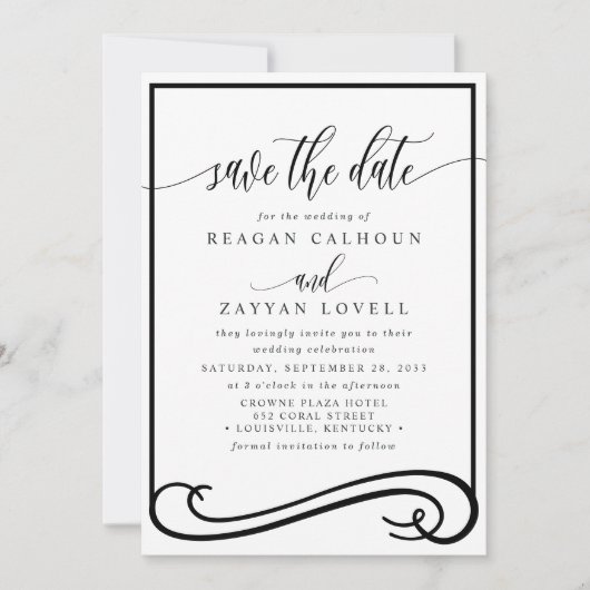 Elegant zwarte en witte kalligrafie Sparen de Datu Save The Date (Voorkant)