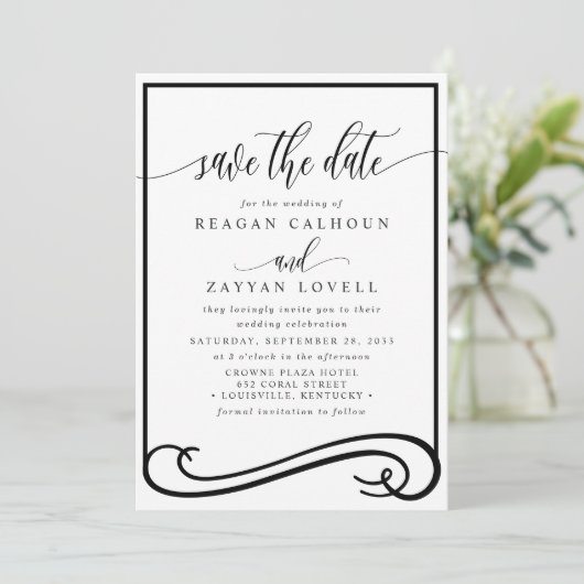 Elegant zwarte en witte kalligrafie Sparen de Datu Save The Date (Staand voorkant)