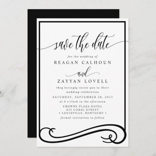 Elegant zwarte en witte kalligrafie Sparen de Datu Save The Date (Voorkant / Achterkant)