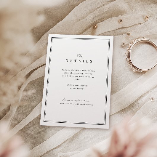 Elegant zwarte en witte minimalistische trouwdetai informatiekaartje