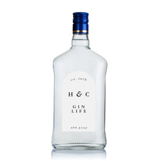 Elegant zwarte en witte moderne flessengte met gin sticker