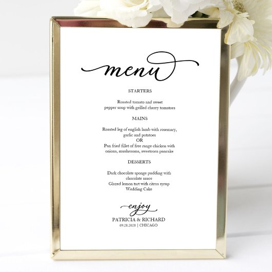 Elegant Zwarte en Witte Script Trouwmenu Poster