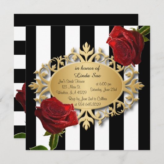 Elegant zwarte en witte strepen en rode rozen kaart (Voorkant / Achterkant)