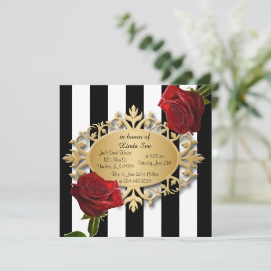 Elegant zwarte en witte strepen en rode rozen kaart (Staand voorkant)