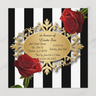 Elegant zwarte en witte strepen en rode rozen kaart