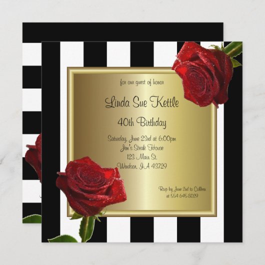 Elegant zwarte en witte strepen en rode rozen kaart (Voorkant / Achterkant)