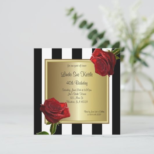 Elegant zwarte en witte strepen en rode rozen kaart (Staand voorkant)