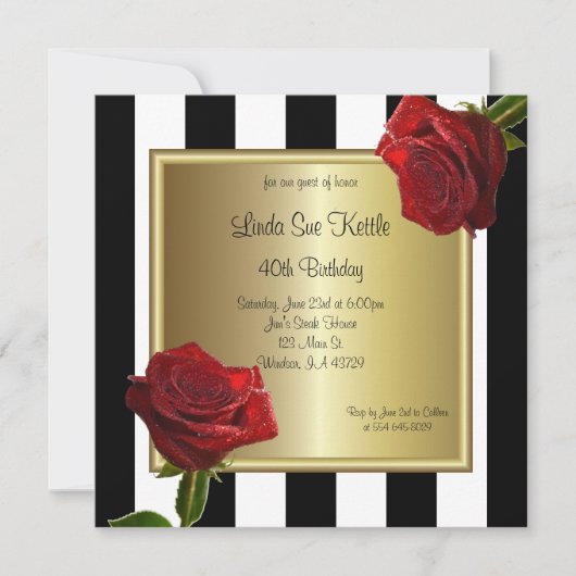 Elegant zwarte en witte strepen en rode rozen kaart (Voorkant)
