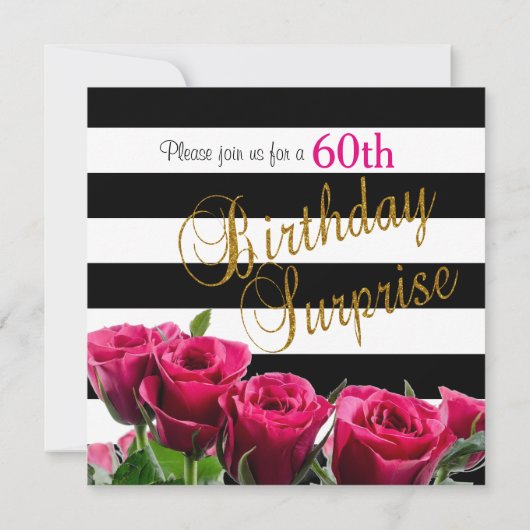 Elegant zwarte en witte strepen en roze rozen kaart (Achterkant)