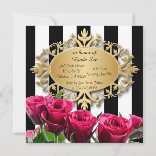 Elegant zwarte en witte strepen en roze rozen kaart (Voorkant)