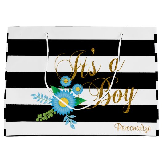 Elegant zwarte en witte strepen met blauwe Floral Large Cadeautasje (Voorkant)