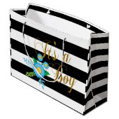 Elegant zwarte en witte strepen met blauwe Floral Large Cadeautasje (Achterkant Gekanteld)