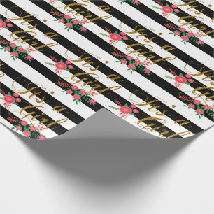 Elegant zwarte en witte strepen met roze Floral Cadeaupapier