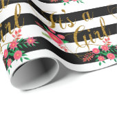 Elegant zwarte en witte strepen met roze Floral Cadeaupapier (Rol Hoek)