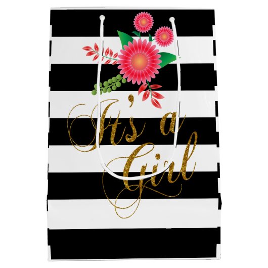 Elegant zwarte en witte strepen met roze Floral Medium Cadeauzakje (Achterkant)