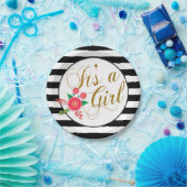 Elegant zwarte en witte strepen met roze Floral Papieren Bordje (Feest)