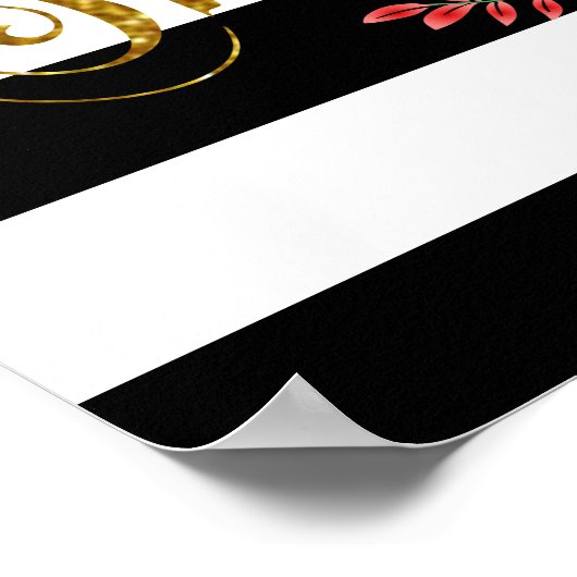 Elegant zwarte en witte strepen met roze Floral Poster (Hoek)