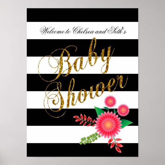 Elegant zwarte en witte strepen met roze Floral Poster (Voorkant)