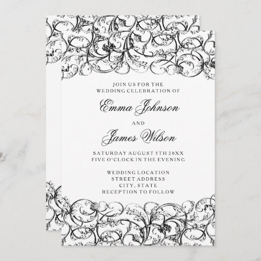 Elegant zwarte en witte zirls trouwuitnodiging kaart (Voorkant / Achterkant)