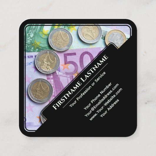 Elegant zwarte eurogelddeskundigen vierkante visitekaartje (Achterkant)