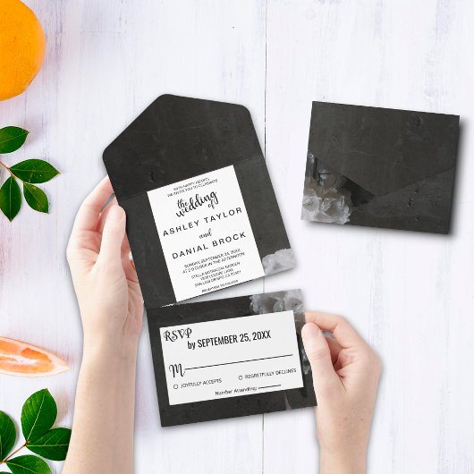 Elegant zwarte floral All-in-One Wedding Invite All In One Uitnodiging